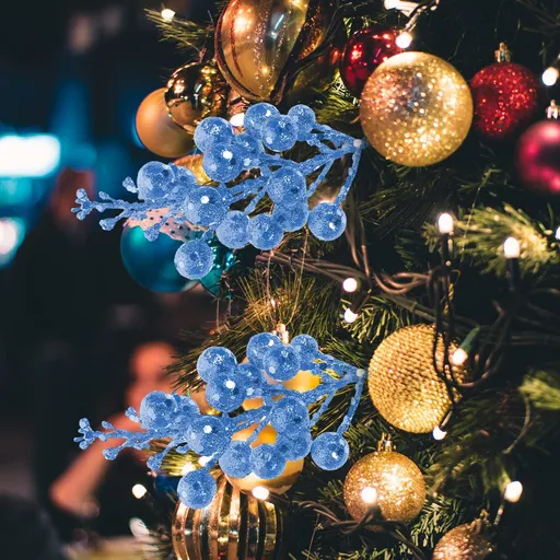 10Pcs Artificial Berry Stems for Christmas,Glittery Berry Branch for Xmas, Home DIY Crafts,head with iron wireBlue
