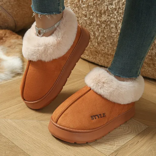 Cozy Winter House Slippers with Thick Sole, Faux Suede and Plush Lining, Non-Slip Indoor-Outdoor Wear, Solid Color Lace-Trimmed Simple Style for Warmth and Comfort (XL(42-43), Orange)