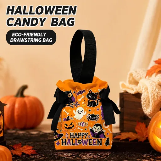 8Pcs Orange Background Ghost Spider Halloween Drawstring Bags
