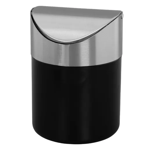 Compact Bathroom Waste Basket Stainless Steel Small Trash Can Rotating Lid Black