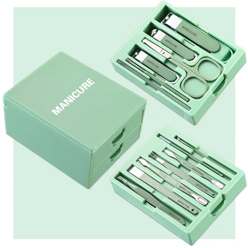 Green Professional 13-Piece Manicure & Pedicure Set - Anti-Splash Carbon Steel Nail Clippers Kit with Compact Drawer Organizer