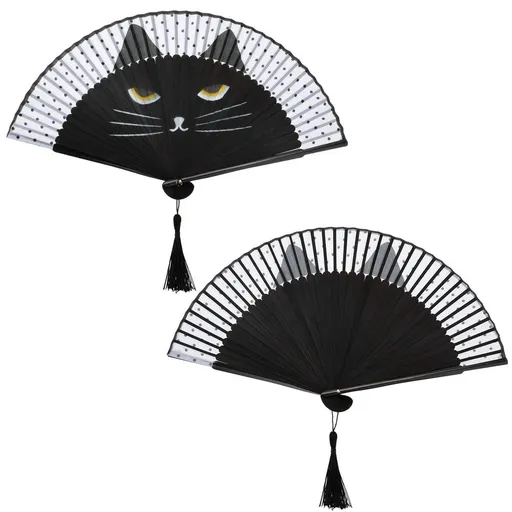 Cartoon Cat Hand Fans Folding Fan Hand Held Silk Fan Handheld Fan Black Cat Fan Women Foldable Fan with Store Bag