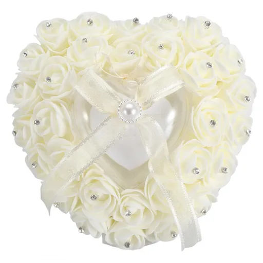 Wedding Cushion Pillow Romantic Heart Shaped Wedding Box Rose Rhinestone Decorative Jewellery Boxes(Milky White)