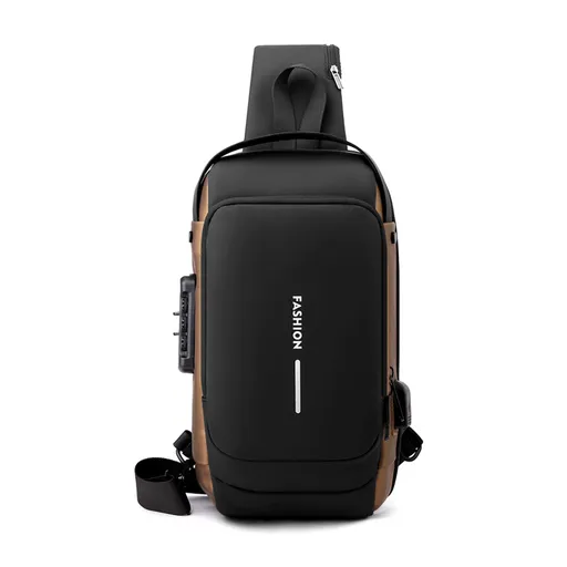 Black-Gold High Capacity Anti-Theft Tactical Chest Bag - Waterproof Leather-Film Sling with USB Charging & TSA Password Lock