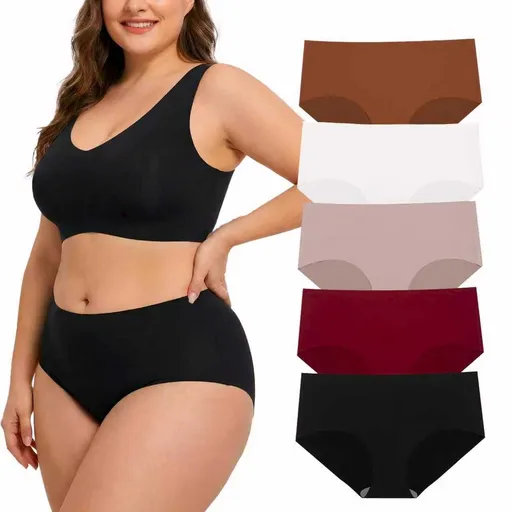 Plus Size Seamless Breathable Hip Lifting Brief 5-Pack Mixed Colors - High Stretch No Show Panties for Women - Comfortable Underwear for Daily Wear - Size L