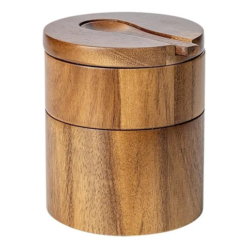 Gourmet Double Layer Swivel Salt Cellar Box, Wooden Salt Box with Swivel Lid, Double-Layer Spice Container with Magnetic Lid and Spoon