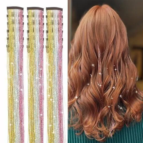 Yellow and Silver and Pink Laser Iridescent Hair Extensions – 12-Piece Clip-In Highlight Strands (High-Temperature Fiber)