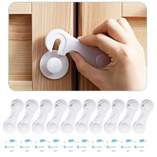10pcs Child Safety Cabinet Locks, Transparent, with 10 Extra Adhesives | 10 Pack ABS Cabinet Door Locks for Baby Proofing, Child Proof Latch for Drawers, Toilet Seat, Fridge, Closet, Oven - White