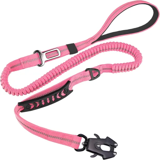 Tactical Bungee Dog Leash - Pink Heavy Duty Leash for Large Dogs with Reflective Stitching, 2 Handles, Seatbelt Clip, 4-6FT