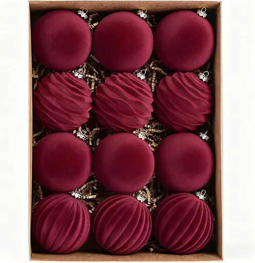 12Pcs Velvet Christmas Tree Ornaments, 2.4'' Burgundy Christmas Ornaments Set, Flocked Shatterproof Xmas Tree Balls Hanging Decorations Set for Holiday Party Home Decor