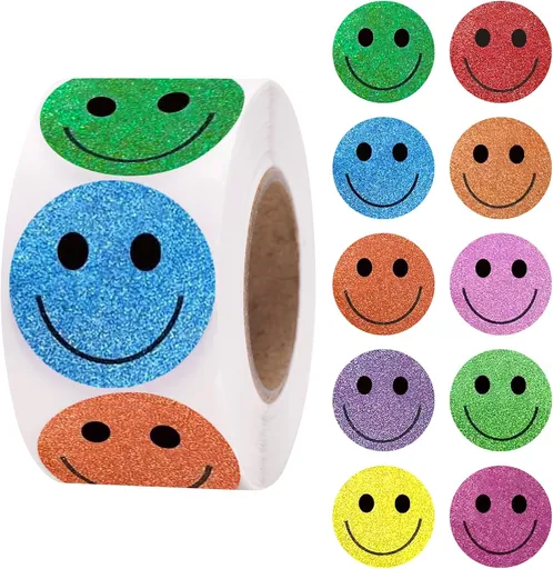 Smiley Face Stickers - Happy Face Stickers 500Pcs 1Inch Glitter Smiley Sticker Roll Cute Reward Sticker for Kids Classroom Self Adhesive Positive Incentive Labels for Teacher Behavior Chart