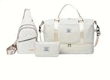 3-Piece Quilted Travel Bag Set Stylish Weekender Duffel with Shoe Compartment Sling Bag and Cosmetic Pouch Beige