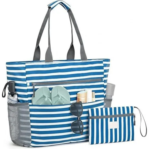 Waterproof Foldable Beach Bag Large Capacity for Shopping and Vacation, Blue, Multifunctional Shoulder Bag