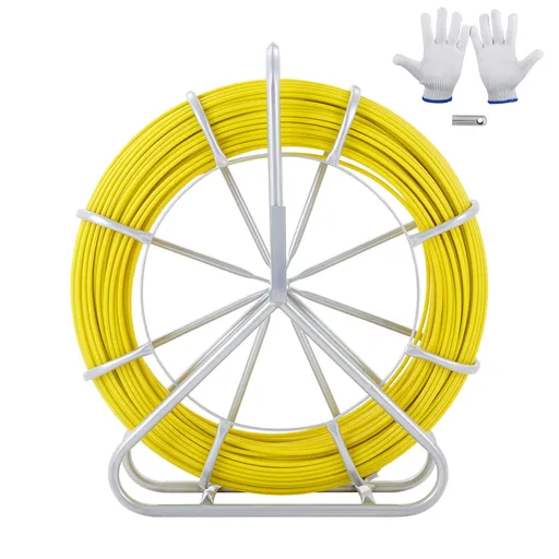 Fish Tape Fiberglass, 182.88 m, 7.9 mm, Duct Rodder Fishtape Wire Puller, Cable Running Rod with Steel Reel Stand, 3 Pulling Heads, Fishing Tools for Walls and Electrical Conduit, Non-Conductive