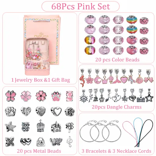 Pink Kids DIY Bead Jewelry Making Kit - 68 Pcs Alloy & Plastic Charm Bracelet & Necklace Set with Storage Box, Creative Birthday Gift for Girls