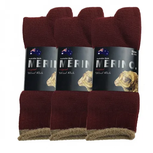 3 Pairs MERINO WOOL SOCKS Mens Heavy Duty Premium Thick Work Socks Cushion in Burgundy