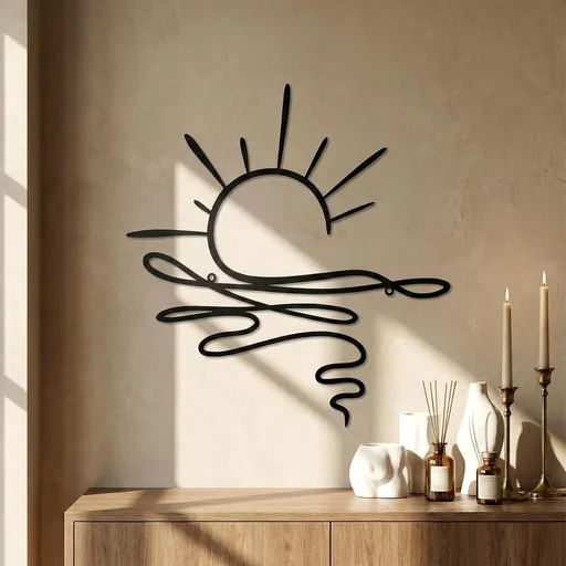 Sun Metal Wall Art Abstract Sunrise Sunset Sign Minimalist Black Line Wall Art Decor Sea Wave Modern Hanging Decor for Living Room Kitchen Bedroom Outdoor Housewarming Gifts 29 cm/11.4 Inch height