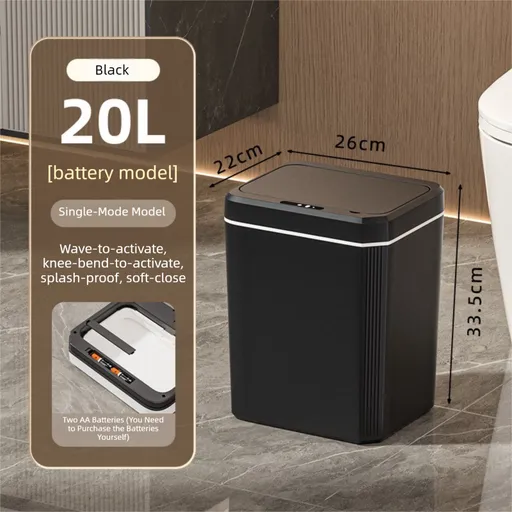 Black Smart Sensor Trash Can – 20L Capacity, Touch-Free Operation with Odor-Blocking & Waterproof Design