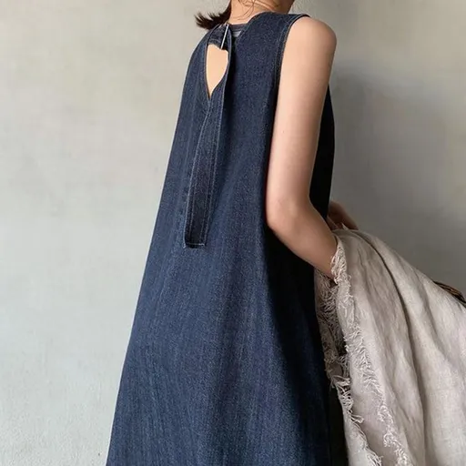 Tuoxin Denim Dress Women V Neck Washed Long Sleeveless Dark Blue Size: L; Height (cm): 165-170; Weight (kg): 55-60; Bust (cm): 90-94; Waist (cm): 74-78; Shoulder width (cm): 39; Length (cm): 62