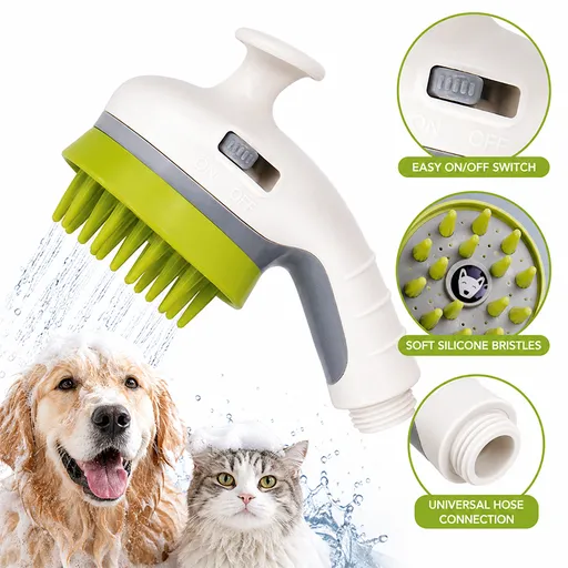 White Pet Bathing Shower Sprayer Brush with Water Control Switch Control Dog Grooming Massage Shampoo Rinse Tool