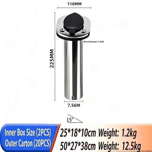 2 Pcs Stainless Steel Flush Mount Rod Holder 15°, Marine Fishing Rod Holder with PVC Liner & Drain Hole, Boat Built-in Rod Mount for Yacht, Vessel, Kayak Fishing
