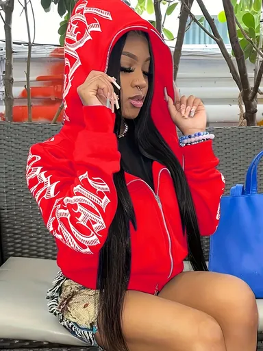 Y2k Hoodie Gothic Streetwear Women'S Zip-Up Jacket Letter Print Hoodie - Red - Size S(AU S/EU46)
