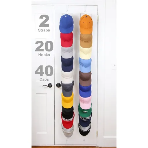 18 | Hat Racks | Hold up to 40 caps | Over Door Organizer | Baseball Hat Organizer | Over Door Hanger | Fitted & Adjustable Caps & Visors | Door Slam Proof | 2 Straps | Black