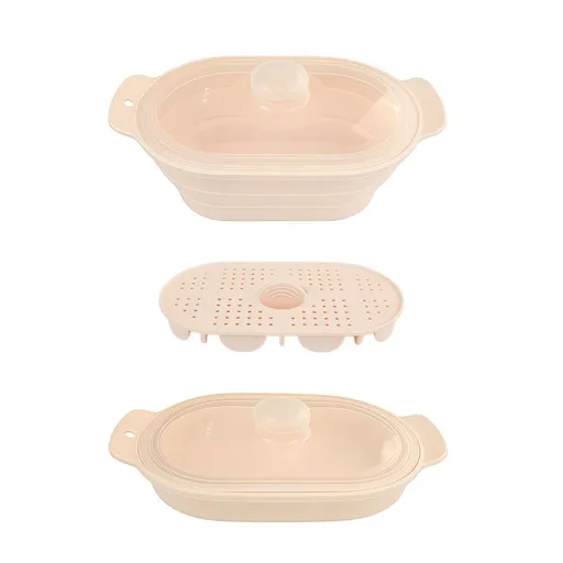 Foldable Food-Grade Silicone Steamer Pot with Lid and Steamer Rack – Space-Saving Collapsible Cookware for Microwave, Air Fryer, Camping, and Outdoor Meals, Available in Round and Rectangular Sizes (Rectangular Style, Beige)