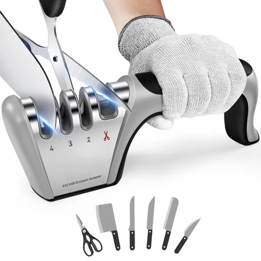 4-in-1 Pull-Through Knife Sharpener with Scissor Slot, 4-Stage Sharpening Tool for Steel Kitchen Knives, Silver-gray