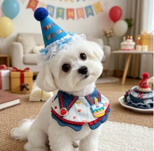 Size M Blue Pet Birthday Party Supplies Strawberry Cake Bib and Hat Set Cat Dog Costume Photo Shoot Outfit