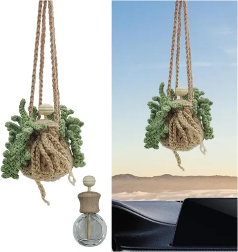 Crochet Hanging Plant Car Pendant - Cute Potted Plant Car Rear View Mirror Charm with 12ml Empty Refillable Glass Bottle - Handmade Knitted Ornament