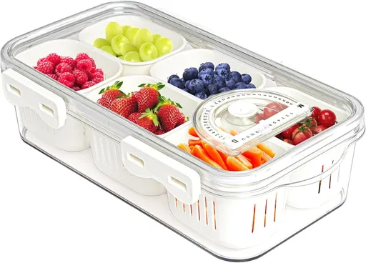 Divided Food Serving Tray with Lids Stackable Snackle Box for Candy Nuts Spice Fruit&Veggie Container with 6 Small Dividers Plastic Storage Bins for Fridge Pantry Freezer