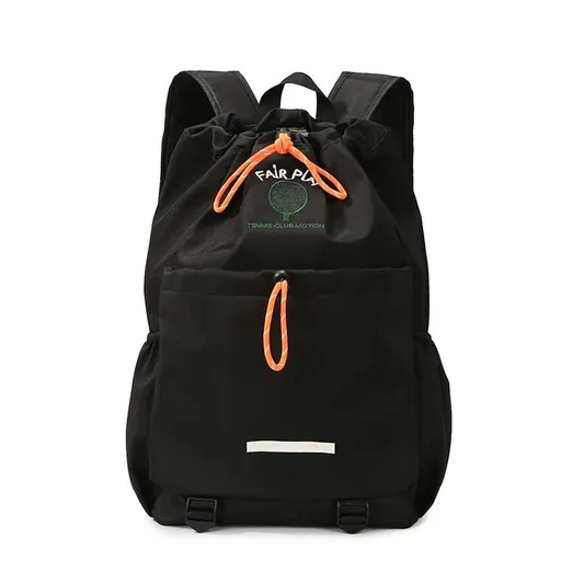 Black Sports Drawstring Backpack - Large Capacity Badminton, Yoga Mat and Gym Bag with Racket Holder for Fitness, Outdoor Training, Travel and Daily Use
