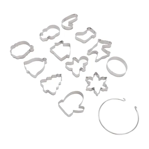 12pcs Christmas Cookie Cutters Christmas Theme Quick Release Stainless Steel Cookie Cutters Silver with Storage Rings for Cake