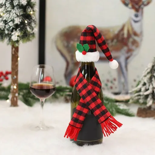 Christmas Wine Bottle Hat and Scarf Set 2 Piece Knitted Holiday Decor Red Black White
