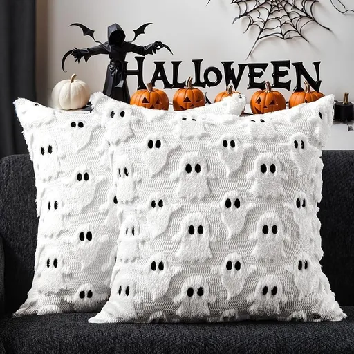 2PCS 45x45cm White Halloween Ghost Cushion Cover 3D Plush Embroidered Throw Pillow Case Festive Sofa Home Decor Set of , PILLOW COVERS ONLY
