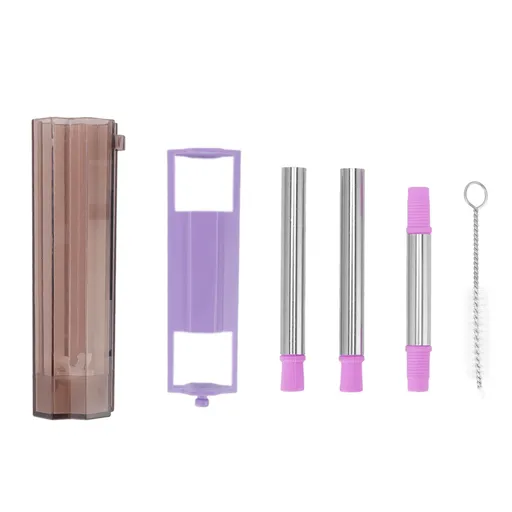 Collapsible Straw Stainless Steel Portable Easy to Clean Foldable Straw with Cleaning Brush for Home Office Outdoor Purple