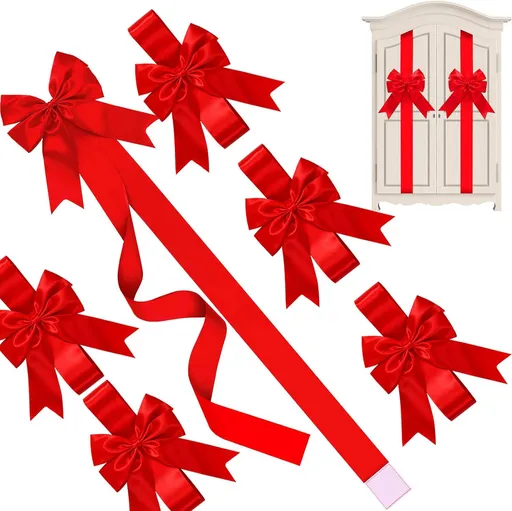 Red Satin Cabinet Door Bows 5 Pack - Large Pre-made Ribbon with Velcro Attachment for Kitchen Cupboards, Weddings, Gift Wrapping & Party Decor - Adjustable Fit