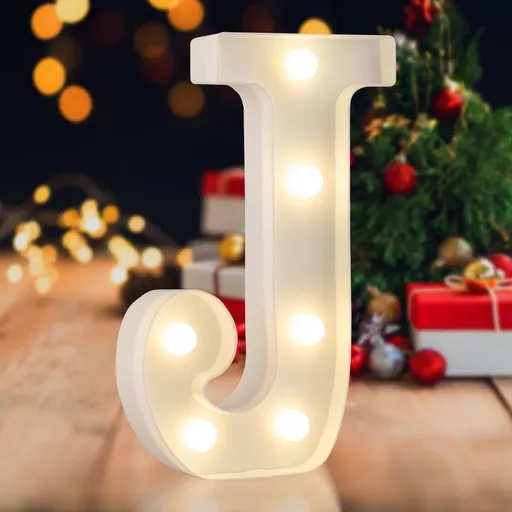 Sign letter J, warm white, 26 letters, 10 numbers, heart and & symbol; for birthday, party, Christmas, home, bar, wedding decoration; DIY word combinations; wall & tabletop display; battery operated.