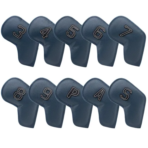 Dark Blue Golf Iron Head Covers Set of 10 - Waterproof PU Leather Club Protectors with Embroidered Numbers (3-9, P, A, S)