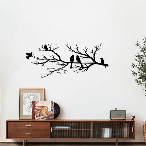 Metal Birds Wall Art - Metal Bird Wall Decoration - Vivid Birds on Branch Silhouette Wall Decor - Black Leaves with Bird - Tree Branch Silhouette - Outdoor Hanging Wall Sculpture - Hanging - for Home Balcony Garden - 43x18.6cm - Black