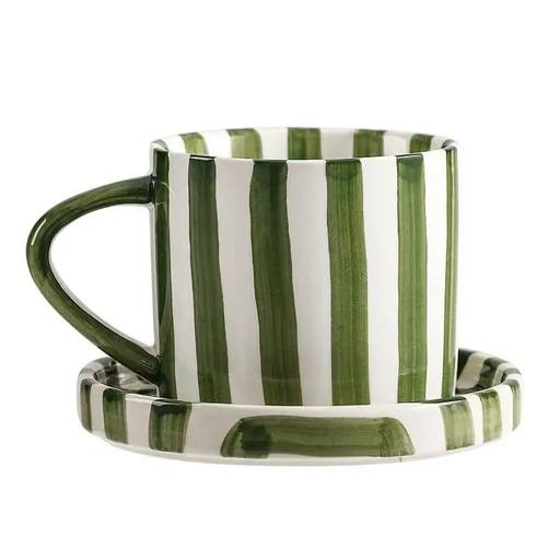 8 Oz Striped Ceramic Coffee Cup With Dish - Green