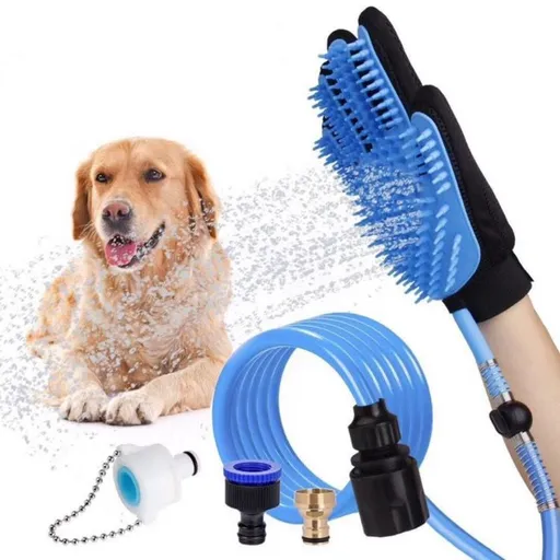 Five-Finger Pet Bathing Glove with Water Flow Control, Silicone Massage Comb for Dogs and Cats, Adjustable Wrist Strap, Home Grooming Shower Tool (Blue)