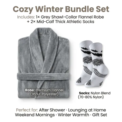 Grey Men's Winter Lounge Bundle Set - Flannel Shawl Collar Robe(XL Size) with 2x White Thick Mid Calf Demon Pattern Socks, Warm Plush Homewear Set, Soft Cozy Sleepwear and Indoor Loungewear Gift for Men