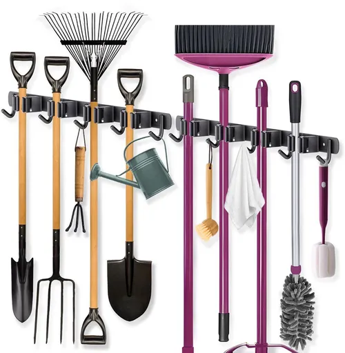 2 Pack Wall Mounted Broom Holder And Mop Organizer, Stainless Steel Tool Rack With 4 Slots And 5 Hooks, For Kitchen Bathroom Garage, 49 x 2 cm