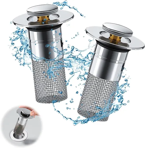 Pieces Drain 34-40mm - Drain Stopper - Improved Bathroom Washbasin Drain Plug with Hair Strain - Drain Set - With Anti-Clog Screen - Stopper - Removable Strainer Drain Plug - Drain Plug for Surface-Mounted Sinks - Bath Drain Stopper
