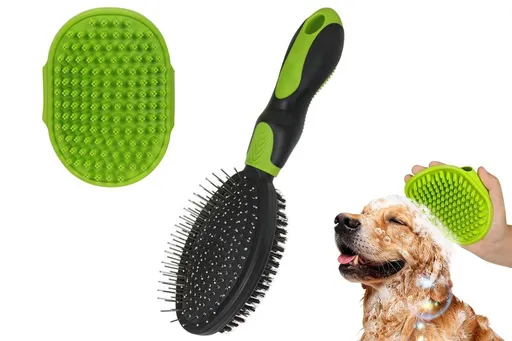 2 Pack Pet Grooming Brush Set Deshedding Double Sided Comb Massage Brush-Green