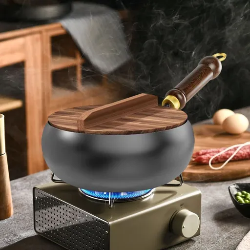 Hand Forged Uncoated Iron Frying Pan with Wooden Lid, Large Belly Wok for Searing and Saut鑼卛ng, Traditional Craftsmanship for Natural Flavors, Easy Care and Seasoning