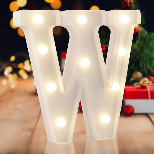 Sign letter W, warm white, 26 letters, 10 numbers, heart and & symbol; for birthday, party, Christmas, home, bar, wedding decoration; DIY word combinations; wall & tabletop display; battery operated.