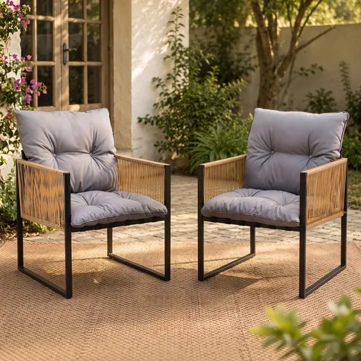 Gardeon 2PC Outdoor Dining Chair Wicker Patio Armchair Cushion Garden Furniture
